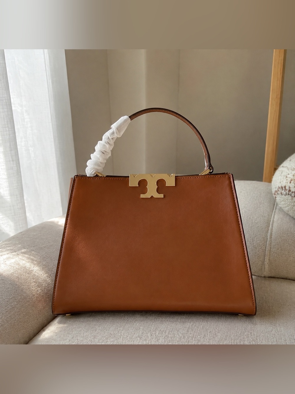 Tory Burch Brown Leather Top-Handle Satchel with Gold Logo - Picture 3 of 4
